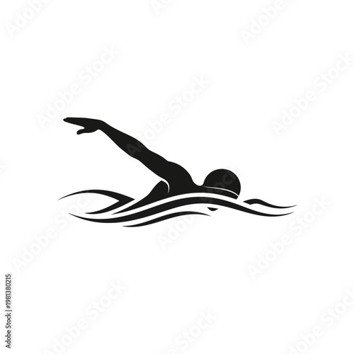 Silhouette of a swimmer performing the freestyle stroke, with stylized water waves beneath