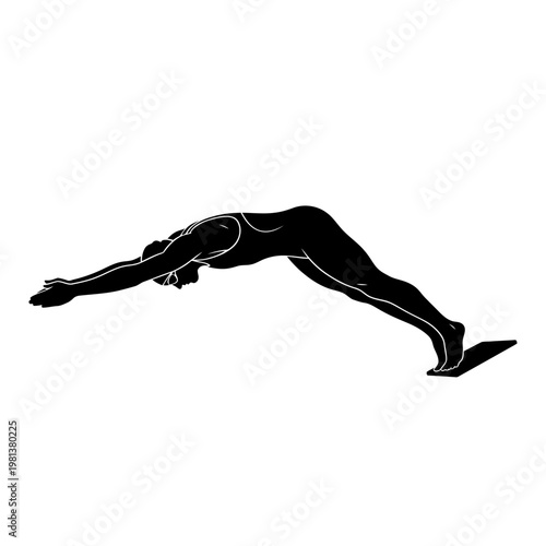A black silhouette of a swimmer diving forward from a starting block, capturing the dynamic motion of the sport
