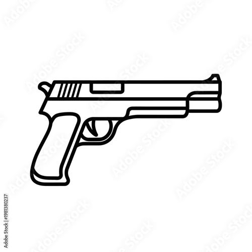 Simple vector line art illustration of a classic handgun, portrayed as a modern black and white icon, ideal for graphic design projects related to defense or security concepts
