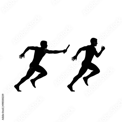 Dynamic silhouette illustration of two male athletes engaged in a relay race, expertly passing a baton, symbolizing speed, teamwork, and athletic competition
