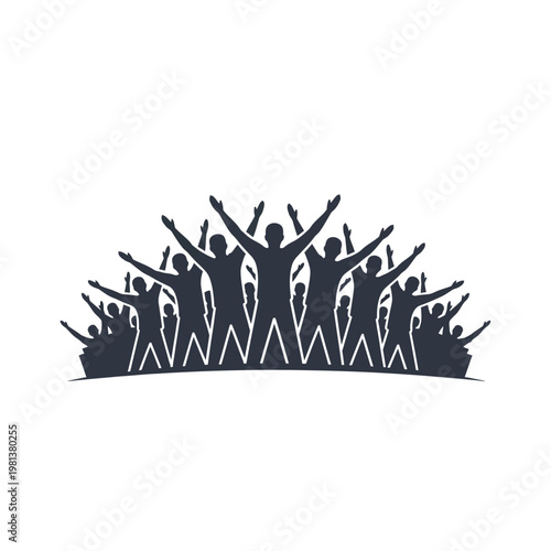 Energetic vector illustration of an ecstatic crowd with hands raised high in triumph, symbolizing unity, community, success, and collective jubilation