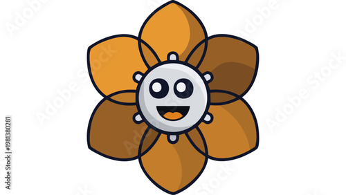 Flower shaped character with brown petals and smiling face in decorative botanical cartoon style vector