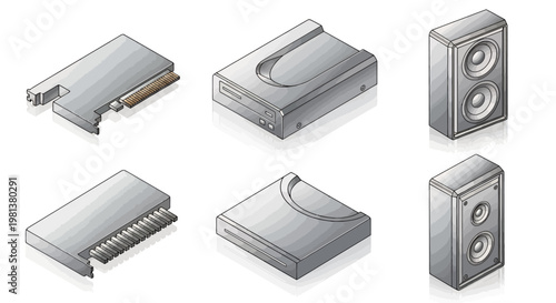 Assorted isometric illustrations of computer hardware components and storage devices.