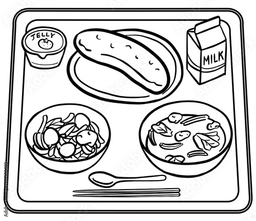 パック牛乳とパンの給食メニュー　線画