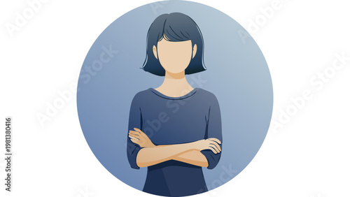 Woman with arms crossed looking serious expressing confidence and independence in simple character style vector