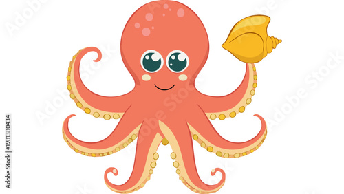 Orange octopus character holding small item with playful expression representing marine animal illustration vector