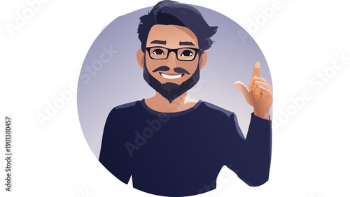 Bearded man pointing upward with confident smile representing idea inspiration and creative thinking moment vector