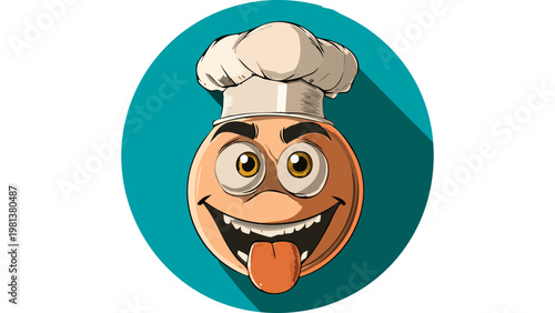 Chef face character with wide smile and tongue out representing humorous cooking themed playful illustration vector