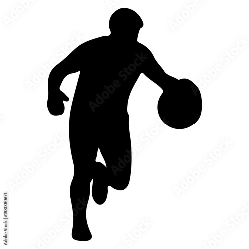 Silhouette of a basketball player dribbling a ball.