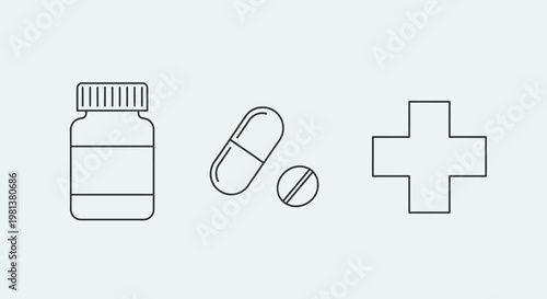 Medical icons bottle capsules and cross symbol representing healthcare
