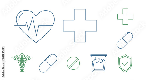 Medical icons heartbeat cross pills caduceus scales and shield symbols