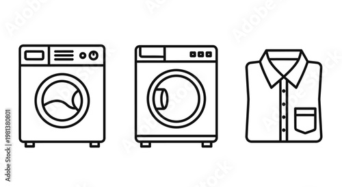 Laundry machines and folded shirt icon set vector illustration
