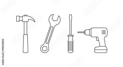 Line art tools hammer wrench screwdriver and drill vector illustration