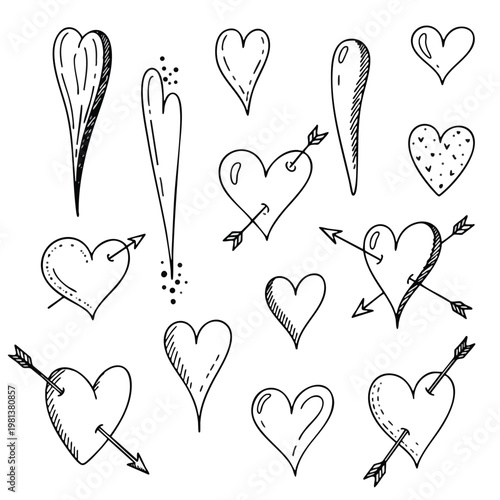 Collection of Hand Drawn Heart and Arrow Sketches for Love and Romance Themes