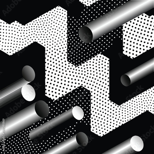 Abstract Geometric Pattern with Cylindrical Elements and Dotted Design in Monochrome Palette