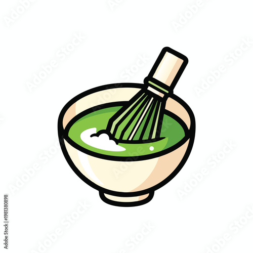 Traditional Matcha Green Tea in a Ceramic Bowl with Whisk