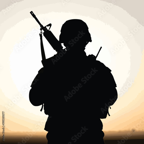 Silhouette of a Soldier with Rifle Against Sunrise or Sunset Sky