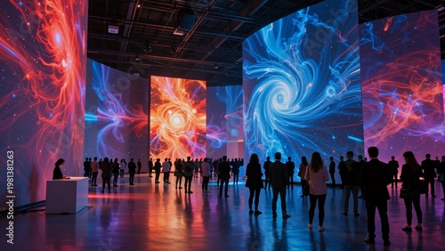 People viewing immersive digital art installation