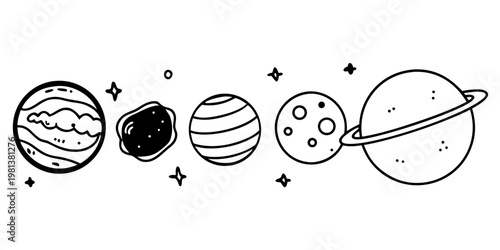 Bring the magic of the galaxy into your designs! ✨" A collection of planet illustration assets in an iconic hand-drawn line art style. Perfect for social media content, t-shirt designs, and stickers. 