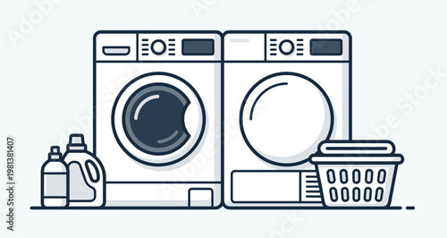 Minimalist flat line art vector illustration of laundry room interior with modern front load washer, tumble dryer, detergent bottles, and folded clothes basket for home chore