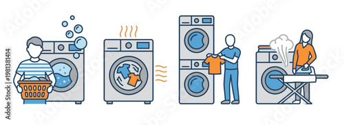 Blue and orange outline vector illustration set of domestic laundry chores featuring washer, heat dryer, stacked machines, person ironing clothes, and holding full basket