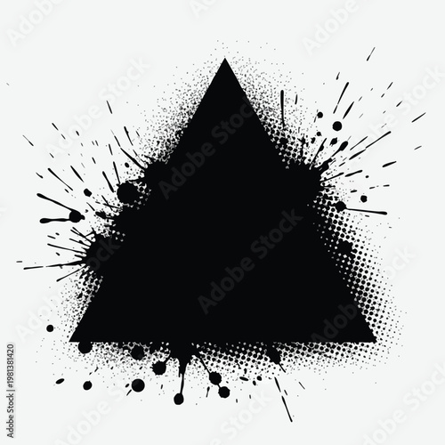 Abstract Black Triangle with Artistic Ink Splashes and Halftone Dots for Creative Design Projects