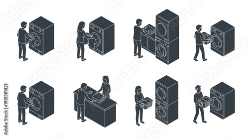 Isometric outline vector illustration set of people doing daily laundry chore with modern washer, stacked dryer, and folding clothes on table for domestic household routine concept