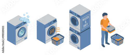 Isometric laundry service vector set featuring automatic washer, heat dryer, stacked machines, and man holding clothes basket for household cleaning chore and routine tasks concept