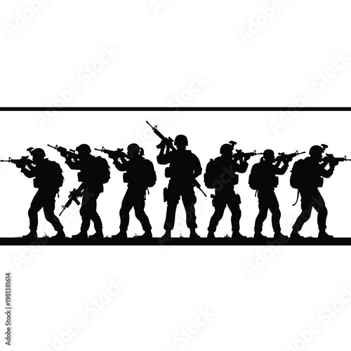 Silhouetted Military Personnel in Formation Engaged in Tactical Drill
