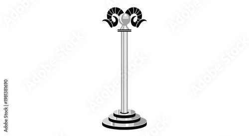 A stylized illustration of a silver ram s head atop a pedestal a decorative and symbolic object