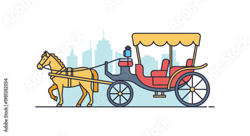 Horse-drawn carriage with canopy and passengers, city skyline background, flat design