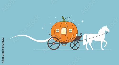 Magical Pumpkin Carriage Pulled by White Horse, Fairytale Fantasy
