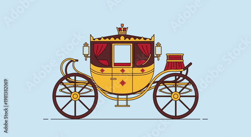 Ornate Royal Carriage with Crown Emblem on Light Blue Background