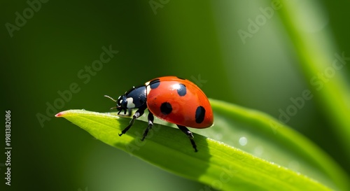 A ladybug with red shell and black spots rests on a green blade set against a blurred green backdrop