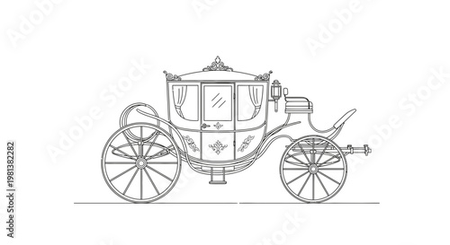 Vintage Horse Drawn Carriage Outline Drawing, Classic Coach Vector Illustration