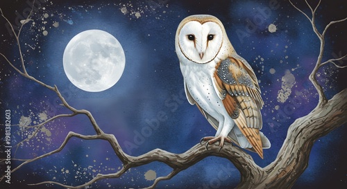Barn owl perched on a bare branch under a full moon against a dark starry sky