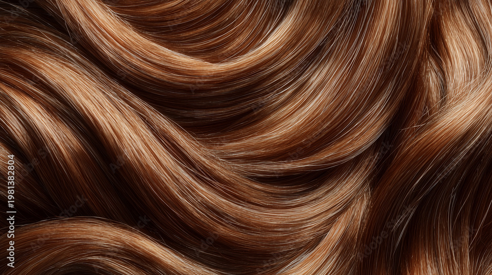 Naklejka premium Close up of flowing brown hair texture with glossy shine and smooth waves, highlighting beauty, healthy strands, and luxurious hair care concept.