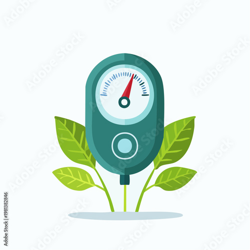 Soil moisture meter, plants. Illustration showing measuring tool and green leaves.