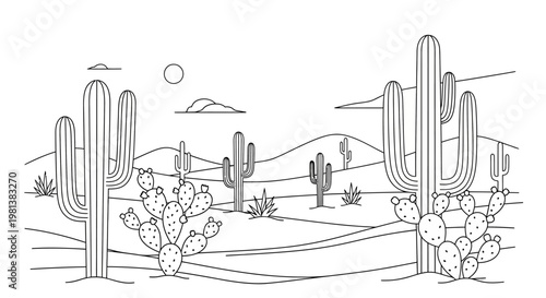 Desert landscape illustration cacti hills sun and vegetation in vector