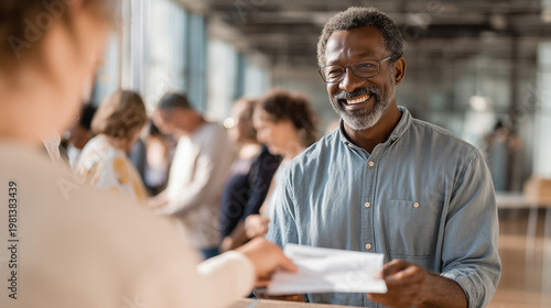 Man receiving a ballot paper from an election worker at a voting station, representing democracy, civic duty, and the electoral process