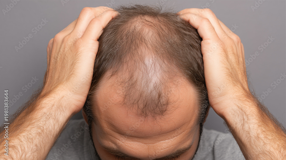 Fototapeta premium Frustrated man with male pattern baldness holding his head, expressing stress, hair loss, anxiety, and self confidence issues on isolated background.