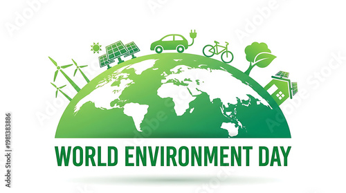 World Environment Day vector banner with green half earth globe and renewable energy icons
