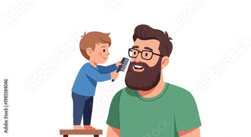Little boy brushing his father.s beard with a comb, showing paternal love and care. Fathers day concept illustration