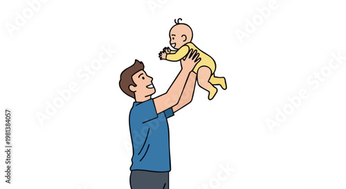Happy father lifting baby in air illustration. Joyful dad playing with infant. Parenthood concept with blue and yellow colors