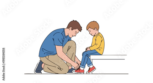 Father helping his son tie shoelaces, an illustration of family care and support