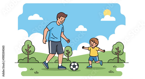 Father and son playing soccer outdoors in a park on a sunny day, happy family bonding activity