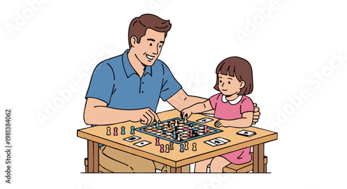 Father and daughter playing board game together, enjoying family time with colorful pieces