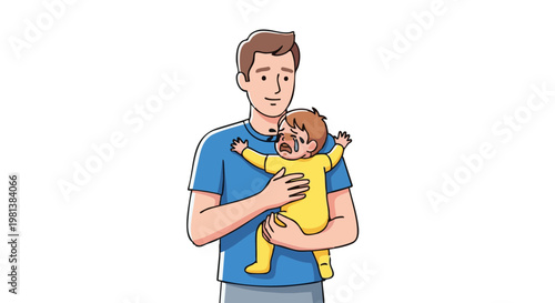 Father holding a crying toddler baby with a sad expression