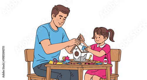 Father and daughter crafting a birdhouse together. Family bonding activity with creative colorful elements