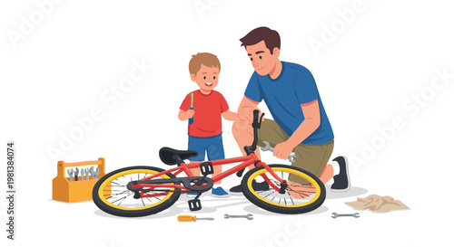 Father and son fixing a red bicycle together, illustrating family bonding and practical skills with tools